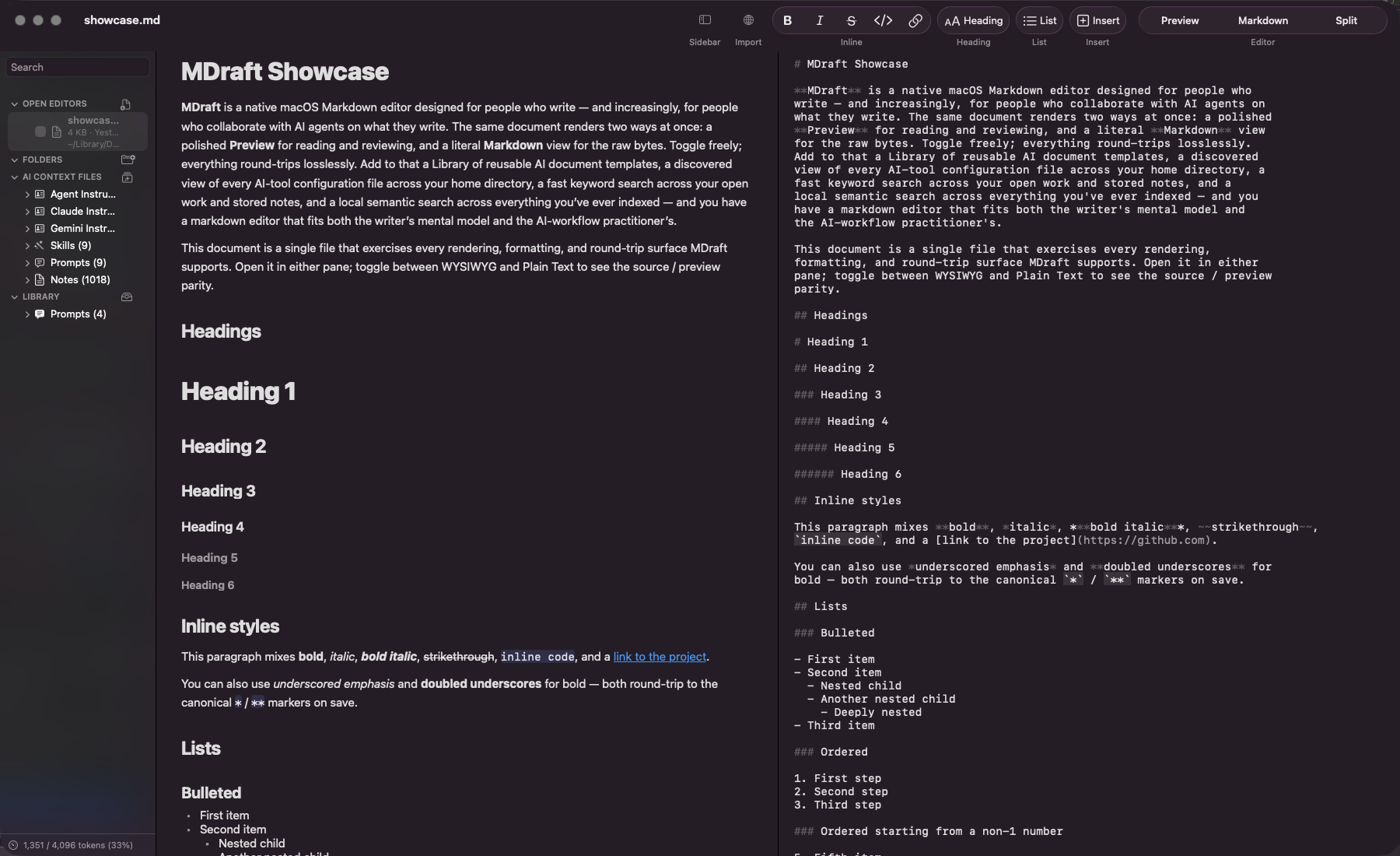MDraft in Split mode showing Markdown source on the left and rendered Preview on the right.