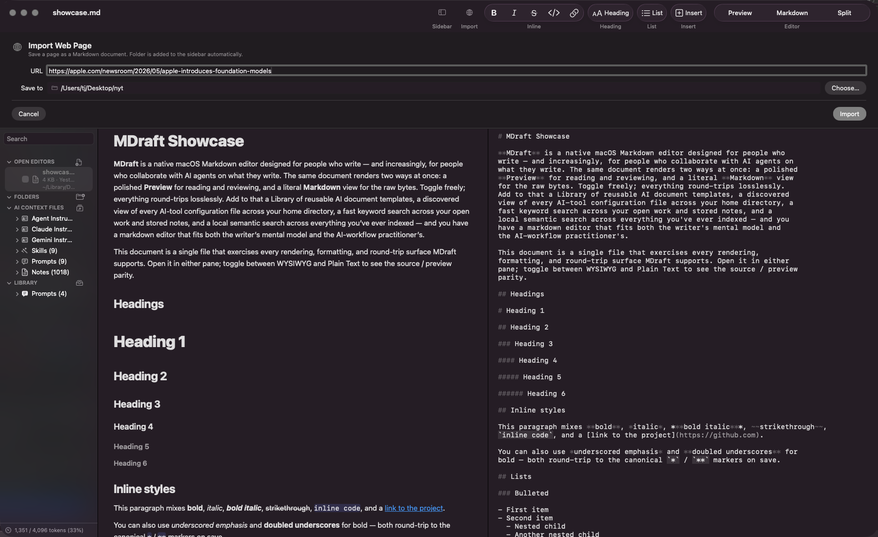 MDraft's Web Import panel with a URL typed and a save folder chosen.