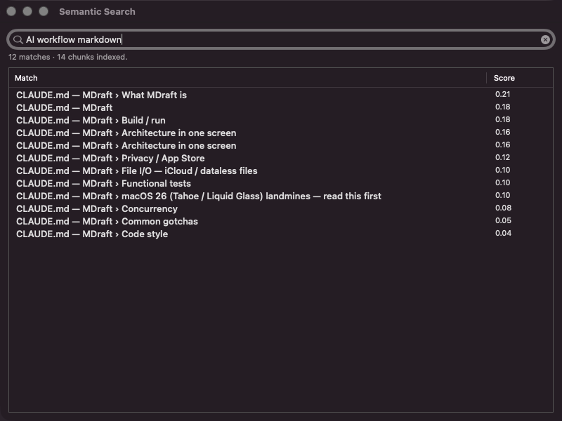MDraft's sidebar search results, merging matches from Library, AI Context, and folder sources.