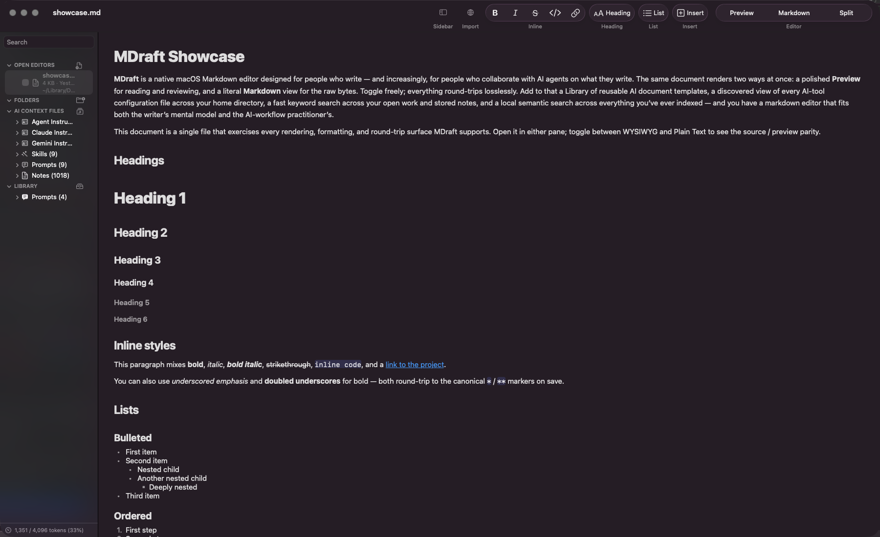 MDraft's Library section in the sidebar, with documents organized by kind: agent instructions, Claude instructions, skills, and other reusable assets.