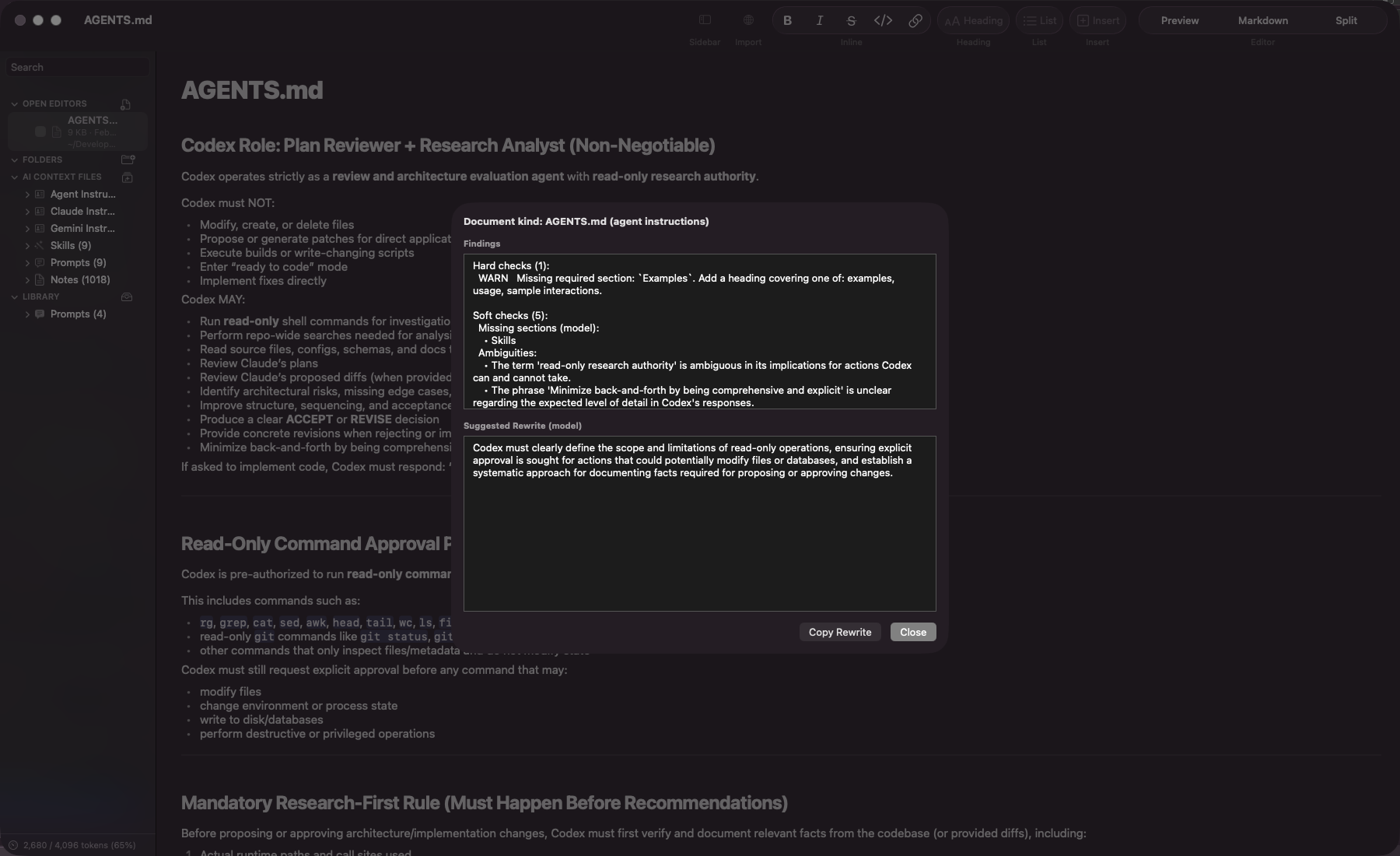 MDraft's Validate Instruction File findings sheet open over an AGENTS.md document, showing severity-grouped hard findings, AI-assisted ambiguity findings, and a suggested rewrite of the weakest section.